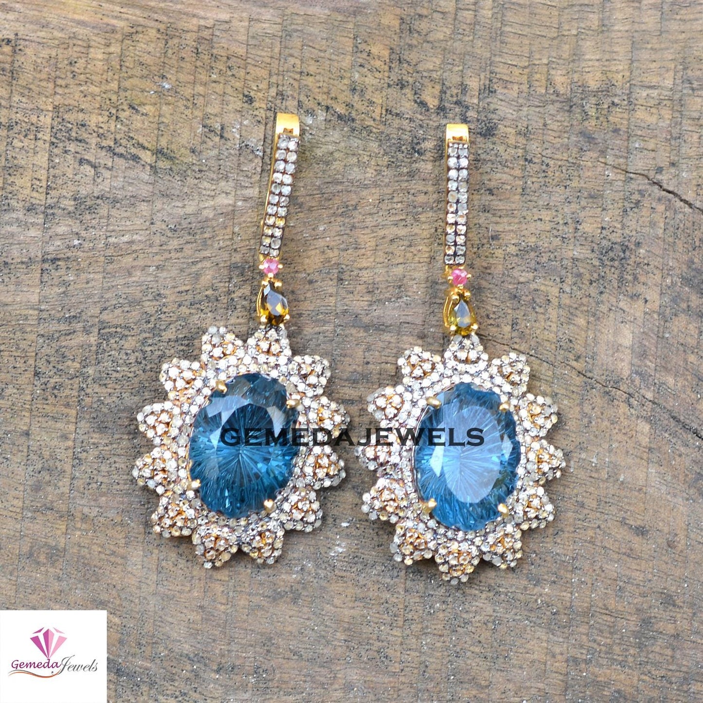 Blue Topaz Earrings, Pave Diamond Flower Earrings, 925 Silver Jewelry, Gemstone Diamond Ring Earrings JEWELLERY SET, Gold Vermeil Jewelry