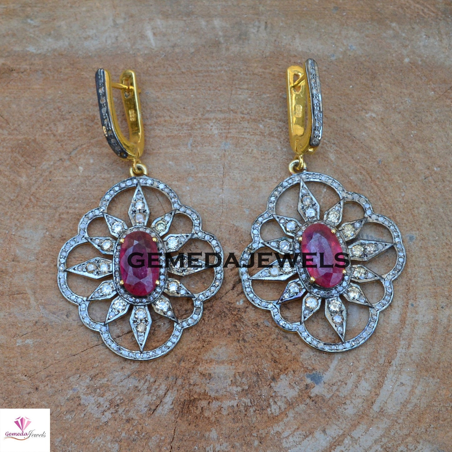 Ruby Flower Earrings, Pave Diamond Earring, 14k Gold Vermeil Jewelry, 925 Silver Earrings, Gemstone Silver Earrings, Wedding Gifts Jewelry