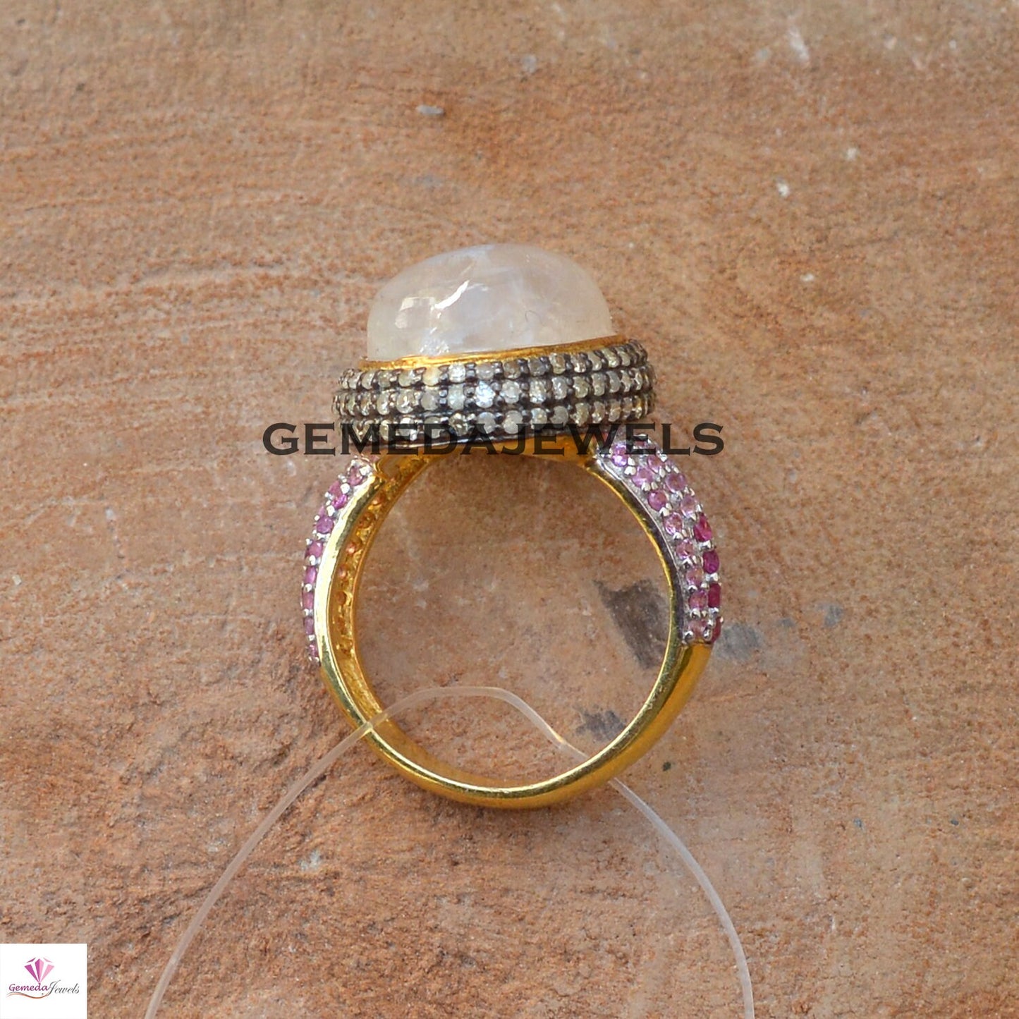 Rainbow Moonstone Ring, Pave Diamond Ring, Ruby Gemstone Ring, 925 Silver Jewelry, Gold Plated Ring, Moonstone Ring Jewelry, Wedding Gifts