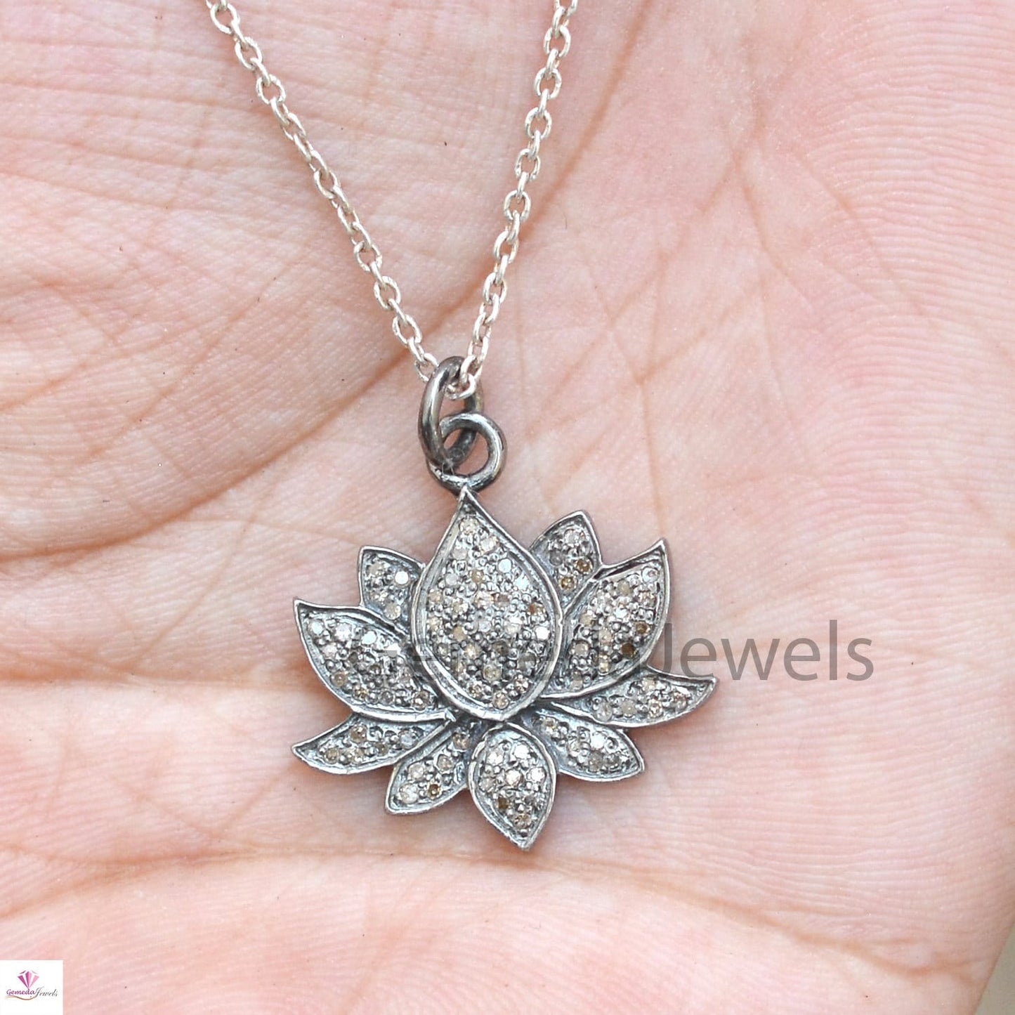 Pave Diamond Lotus Flower Pendant, 925 Sterling Silver Jewelry, Diamond Jewelry, Diamond Flower Jewelry, 16" Silver Chain Necklace, Gifts