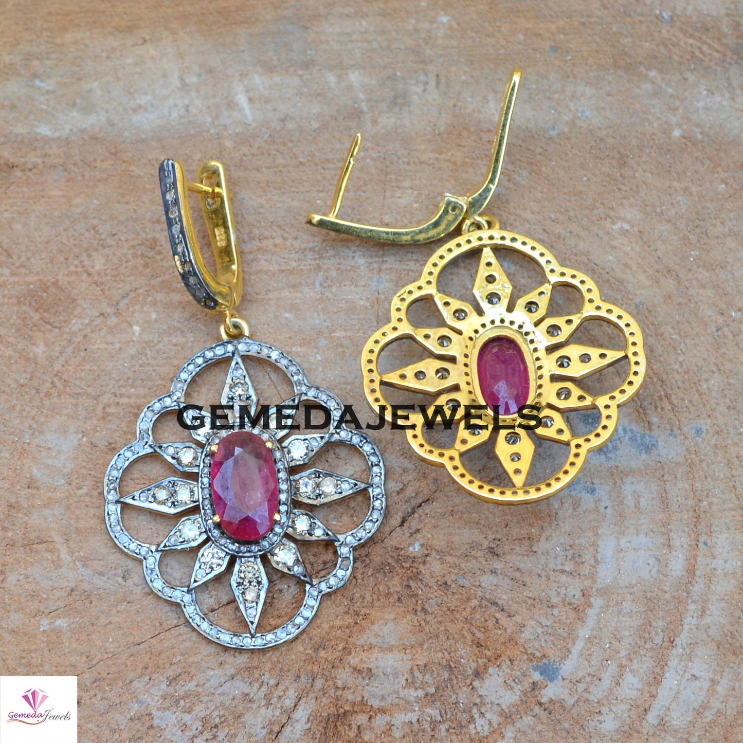 Ruby Flower Earrings, Pave Diamond Earring, 14k Gold Vermeil Jewelry, 925 Silver Earrings, Gemstone Silver Earrings, Wedding Gifts Jewelry