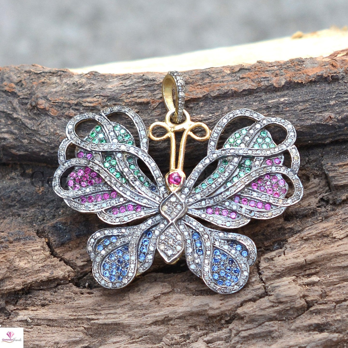 Genuine Multi-Gemstone Butterfly Pendant, 925 Silver Pave Diamond Butterfly Pendant Necklace, Women Gift Jewelry, Christmas Gifts For Her