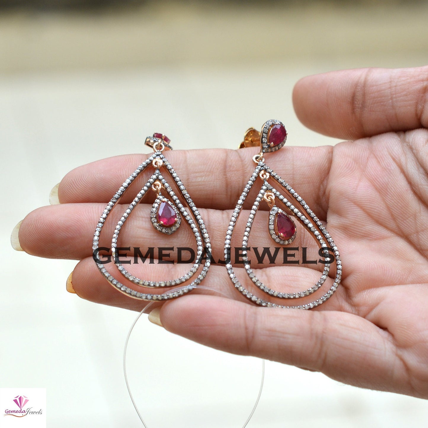 Gorgeous Red Ruby Earrings, Pave Diamond Earring, Diamond 925 Silver Jewelry, Drop Dangle Earrings, Gold Plated Jewelry, Wedding Jewelry