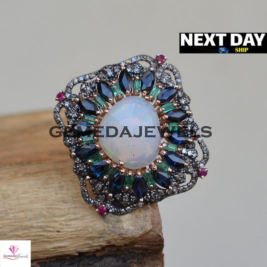 Genuine Opal Gemstone Ring, Sapphire Diamond Ring, Emerald Gemstone Jewelry, Pave Diamond Jewelry, Rose Gold Plated Ring, 925 Silver Jewelry