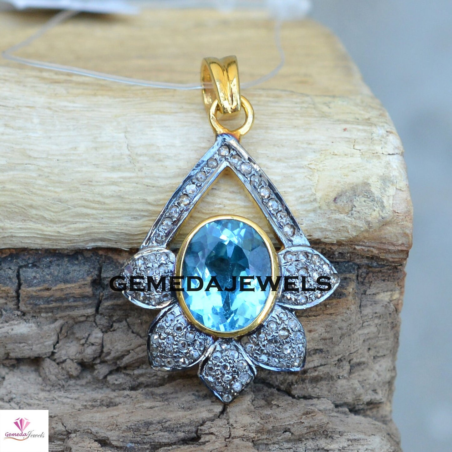 Blue Topaz Pendant, 925 Silver Jewelry, Gold Filled Pendant, Diamond Pendant Necklace, 16" Chain Necklace, Gemstone Flower Pendant, Gifts