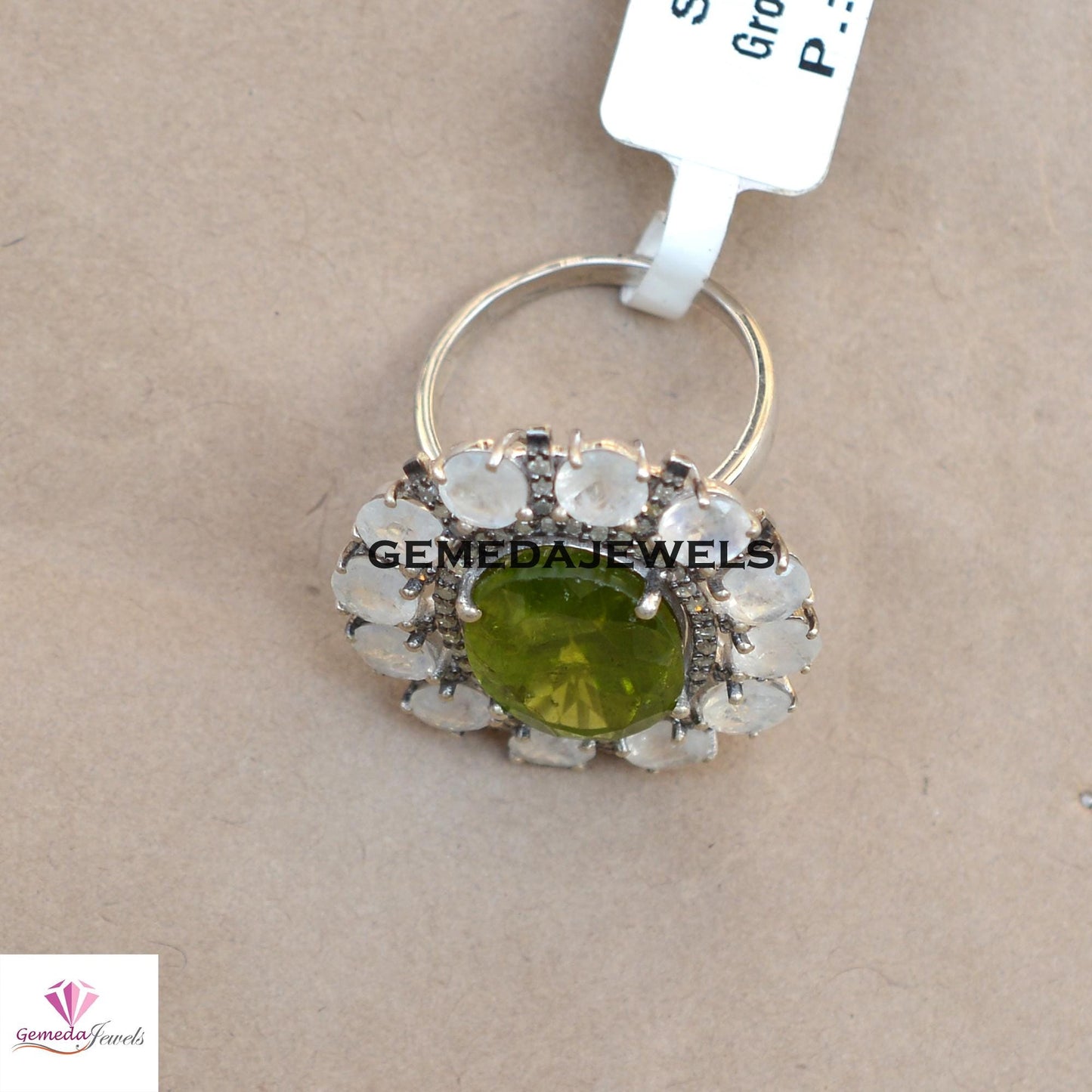 Sale! Green Peridot Gemstone Ring, Moonstone 925 Silver Ring, Pave Diamond Jewelry, Gemstone Diamond Ring, Flower Ring Jewelry, Gift For Her