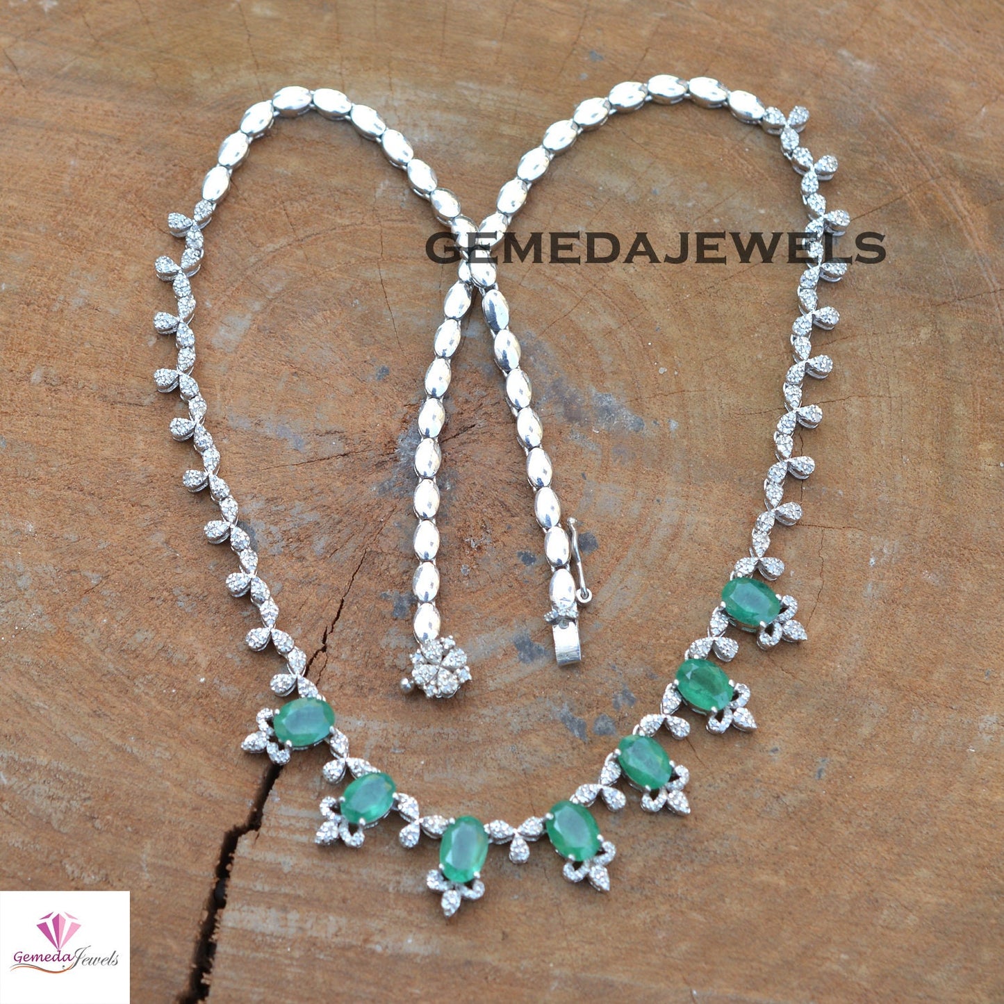 Beautiful Emerald Necklace, Pave Diamond Jewelry, Emerald Necklace Earrings Jewelry Set, 925 Silver Jewelry, 18" Necklace Earrings Set, Gift