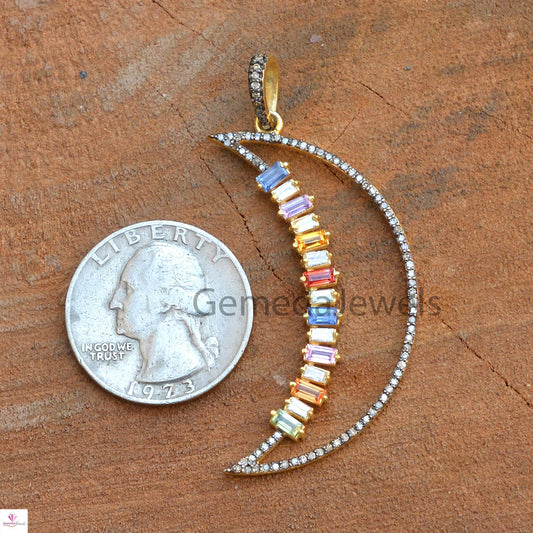 Real Multi Sapphire Pendant, Crescent Moon Pendant, 925 Silver Jewelry, Gold Vermeil Jewelry, Pave Diamond Pendant 16" Link Chain Necklace