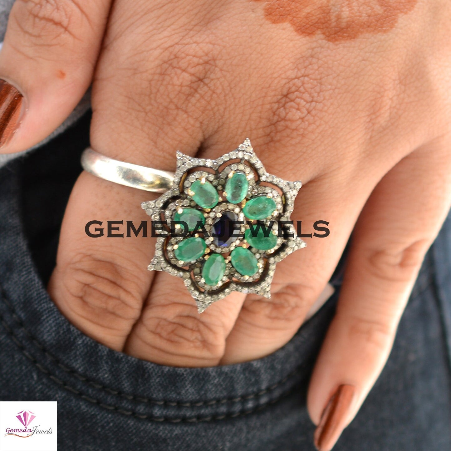 Sapphire Gemstone Floral Ring, Emerald Ring Jewelry, Pave Diamond Jewelry, 925 Sterling Silver Ring, Wedding Gift Jewelry, Jewelry For Women