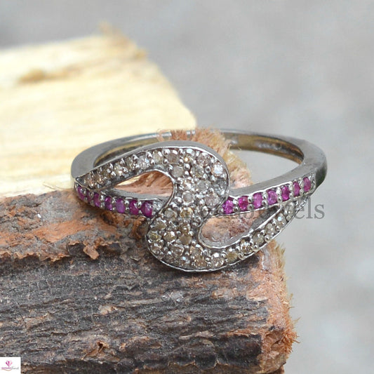 Pave Diamond Ring, Ruby Gemstone Ring, Solid 925 Jewelry, Gemstone Ring Jewelry, Statement Ring, Wedding Band Ring, Criss Cross Ring, Gifts