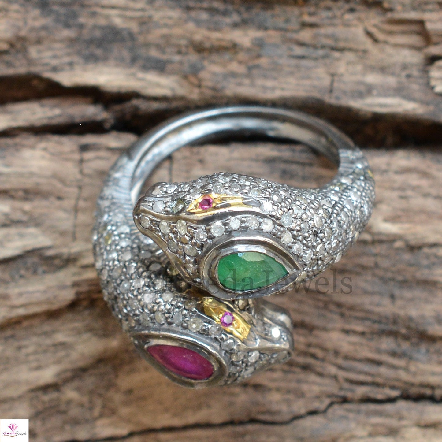 Sale! Natural Ruby Emerald Snake Ring, Pave Setting Diamond Jewelry, Red Eyes Diamond Silver Snake Jewelry, Gemstone Ring, Jewelry For Women