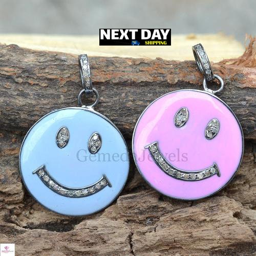 Pink Blue Enamel Pendant, 925 Silver Jewelry, Smiley Face Pendant Jewelry, Pave Diamond Charm Pendant, 16" Chain Necklace, Unisex Pendant