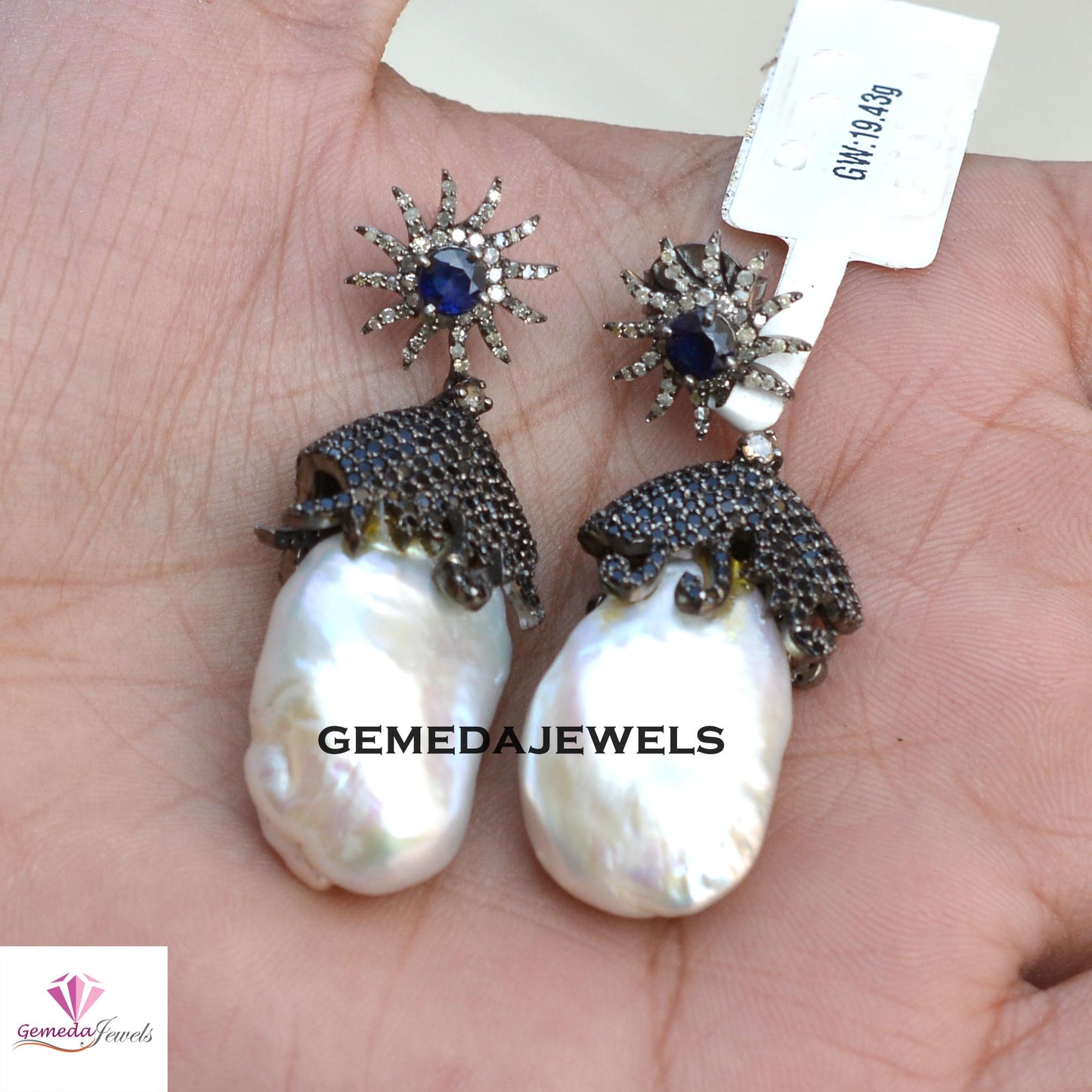 Sale! Charming White Pearl Earrings, Black Spinel Gemstone Jewelry, Sapphire Silver Earring, 925 Silver Jewelry, Pave Diamond Earrings, Gift