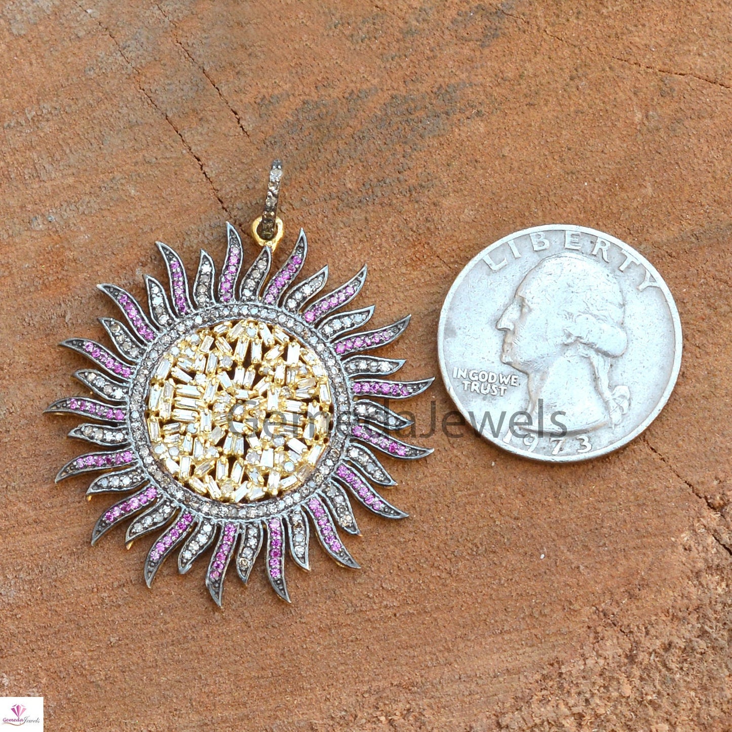 Natural Baguette Diamond Pendant, Ruby Gemstone Pave Diamond Jewelry, Sunflower Pendant Jewelry, Gold Vermeil 925 Silver Jewelry, 16" Chain