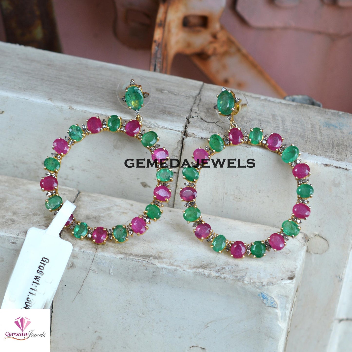 Sale!! Natural Emerald Gemstone Earrings, Ruby 925 Silver Earring Jewelry, Pave Diamond Earrings, Gold Vermeil Jewelry, Women's Jewelry