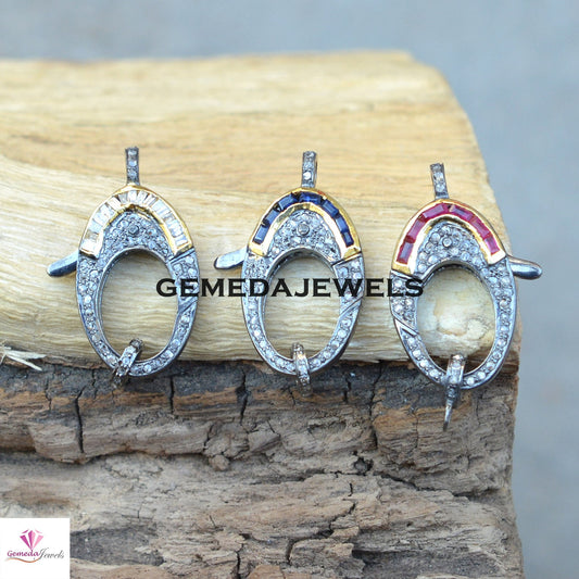 Pave Diamond Lock, Sapphire Gemstone Lock, Ruby Silver Clasp, Baguette Diamond Lock, 925 Silver Jewelry, Jewelry Components, Diamond Finding