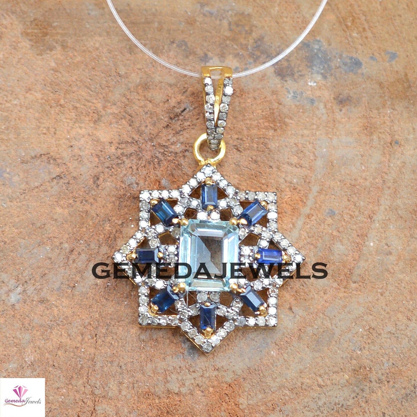 Blue Topaz Flower Pendant, Sapphire Gemstone Jewelry, 925 Silver Pendant, Gold Plated Pave Diamond Jewelry, 16" Link Chain Pendant Necklace