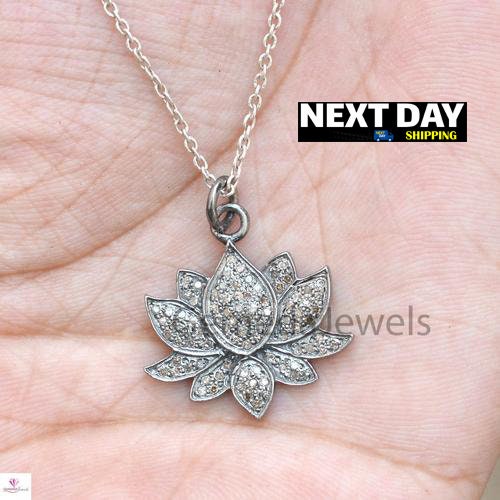 Pave Diamond Lotus Flower Pendant, 925 Sterling Silver Jewelry, Diamond Jewelry, Diamond Flower Jewelry, 16" Silver Chain Necklace, Gifts