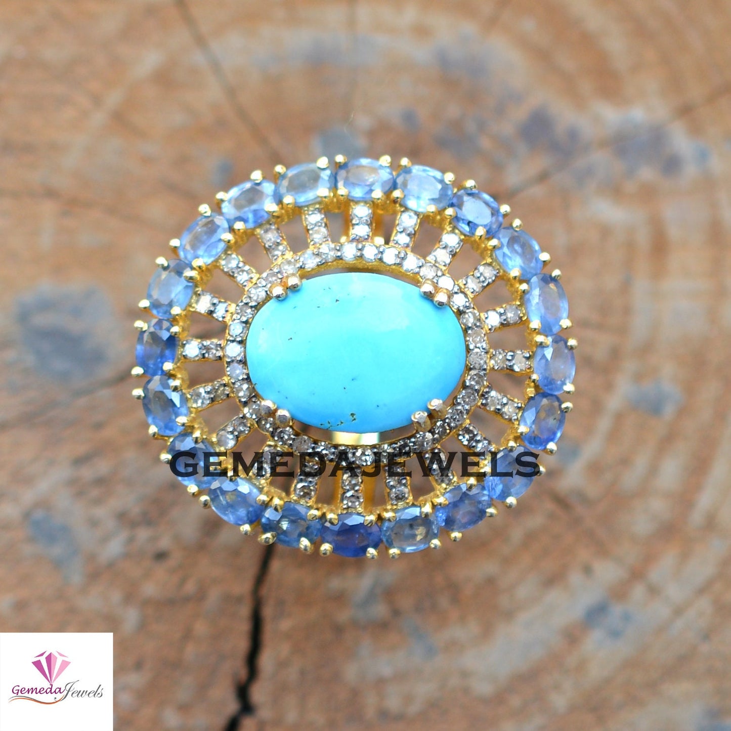 Blue Turquoise Silver Ring, Sapphire Gemstone Ring, Gemstone Flower Jewelry, Pave Diamond Ring, 925 Silver 14k Gold Plated Jewelry, Gifts