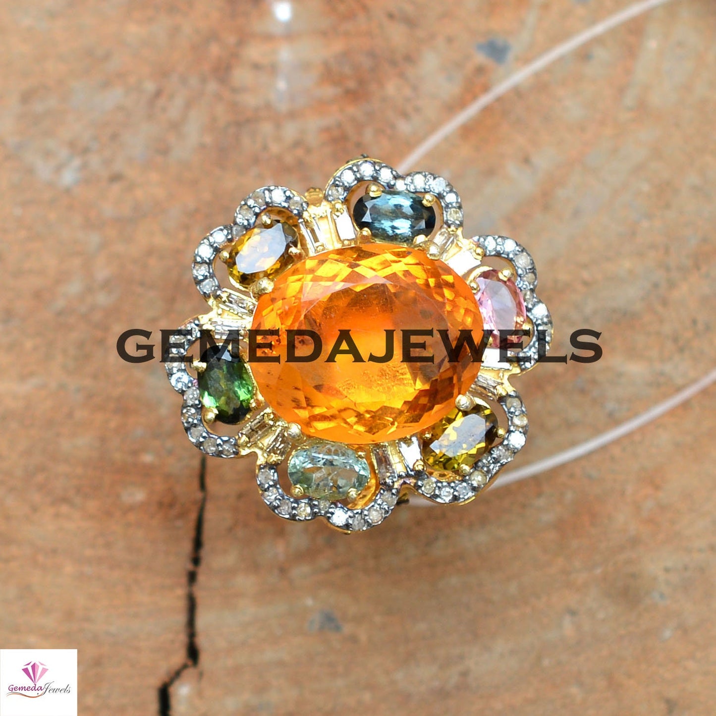 Gorgeous Citrine Silver Ring, Multi Gemstone Jewelry, 925 Silver Ring, Pave Diamond Jewelry, Yellow Gold Vermeil Ring, Gift For Anniversary