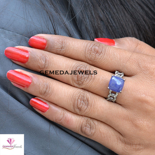 Stunning Tanzanite Ring, Pave Diamond Fix Link Chian Ring, 925 Silver Jewelry, Rhodium Plated Ring, Gemstone Diamond Jewelry, Gift For Her
