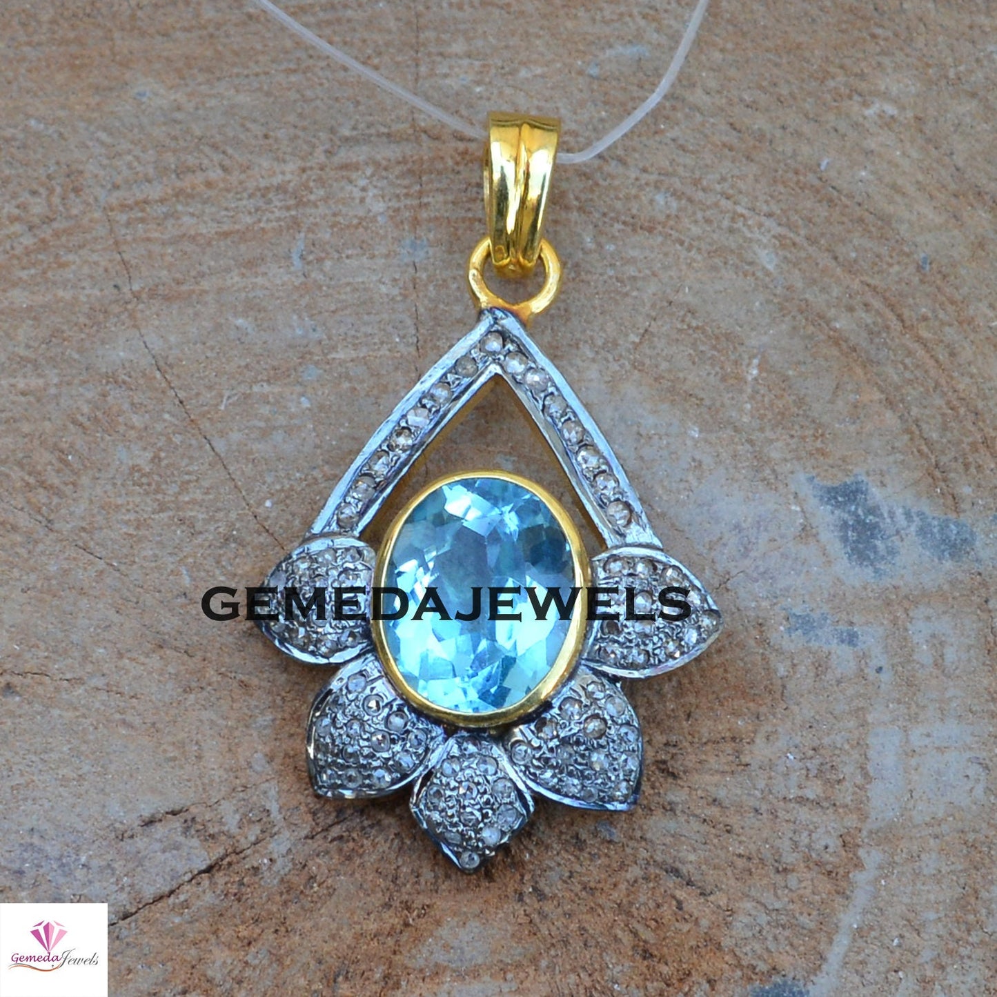 Blue Topaz Pendant, 925 Silver Jewelry, Gold Filled Pendant, Diamond Pendant Necklace, 16" Chain Necklace, Gemstone Flower Pendant, Gifts