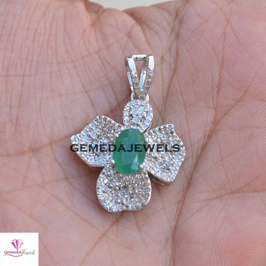 Genuine Emerald Pendant, Pave Diamond Jewelry, 925 Sterling Silver Pendant, Flower Pendant Jewelry, 16" Link Chain Necklace Gemstone Jewelry
