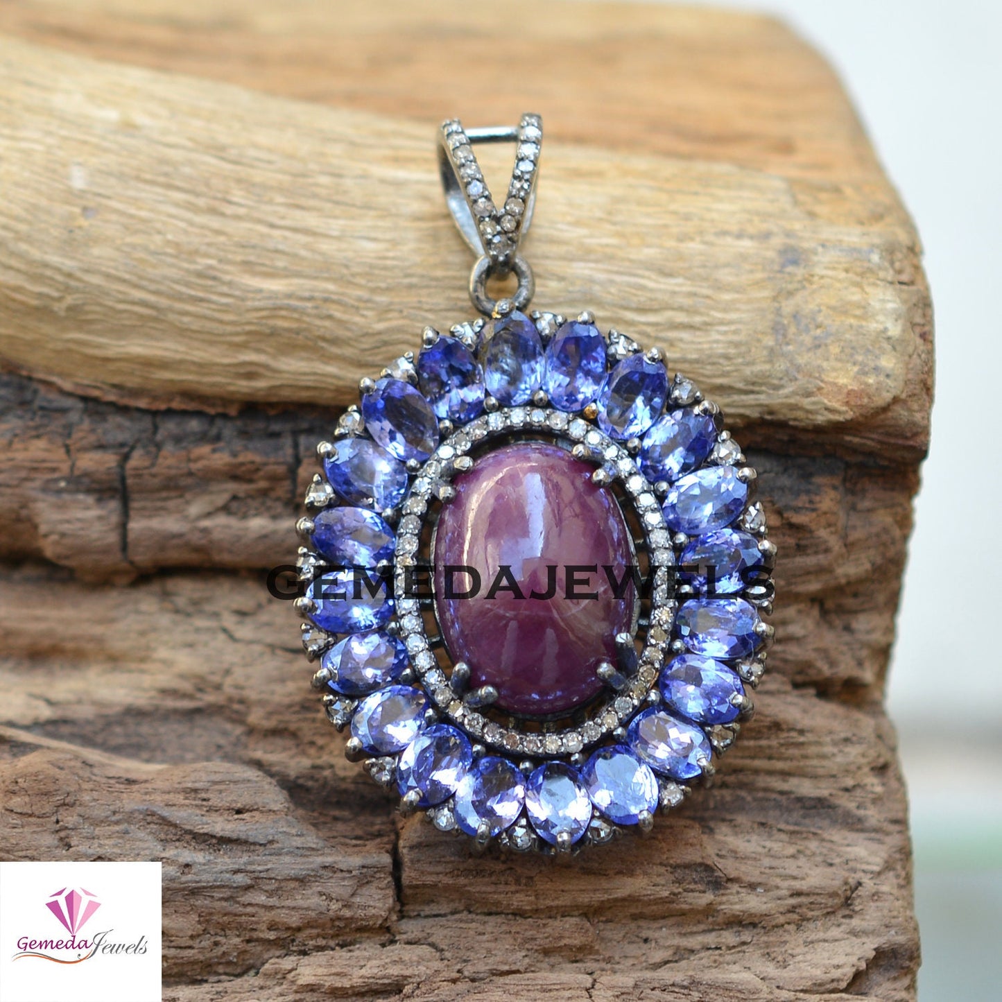 Ruby Gemstone Pendant, 925 Silver Jewelry, Pave Diamond Pendant Jewelry, Sapphire Gemstone Jewelry, 16" Silver Link Chain Necklace, Gifts