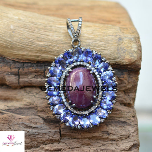 Ruby Gemstone Pendant, 925 Silver Jewelry, Pave Diamond Pendant Jewelry, Sapphire Gemstone Jewelry, 16" Silver Link Chain Necklace, Gifts