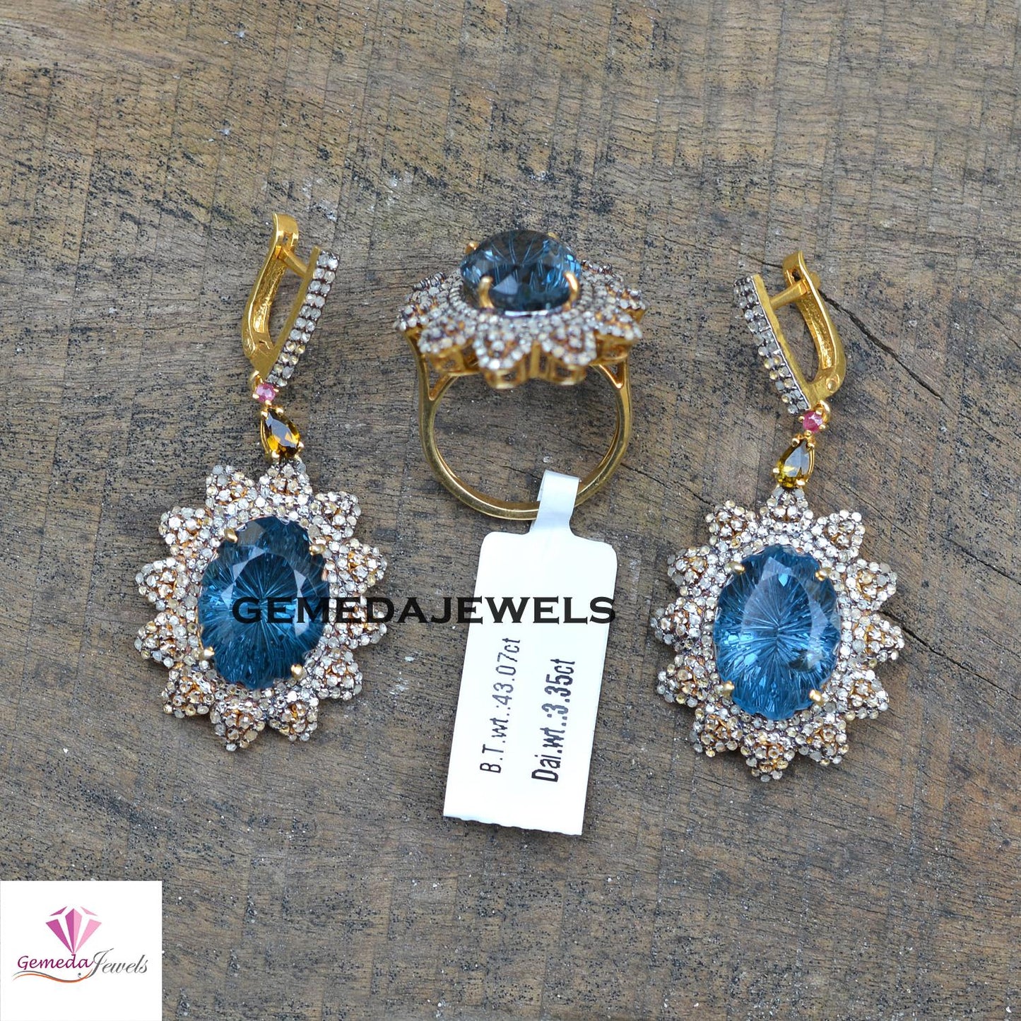 Blue Topaz Earrings, Pave Diamond Flower Earrings, 925 Silver Jewelry, Gemstone Diamond Ring Earrings JEWELLERY SET, Gold Vermeil Jewelry