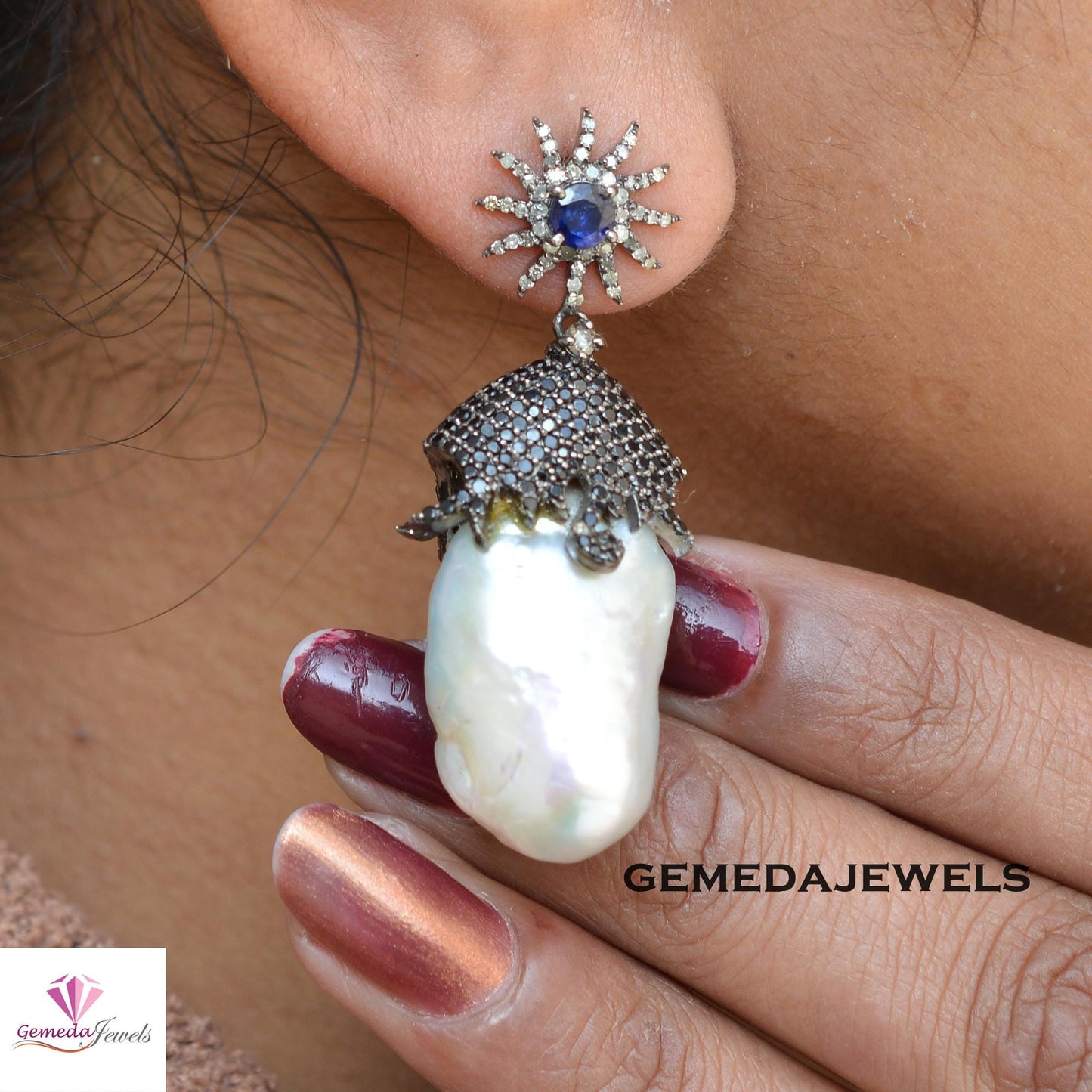 Sale! Charming White Pearl Earrings, Black Spinel Gemstone Jewelry, Sapphire Silver Earring, 925 Silver Jewelry, Pave Diamond Earrings, Gift