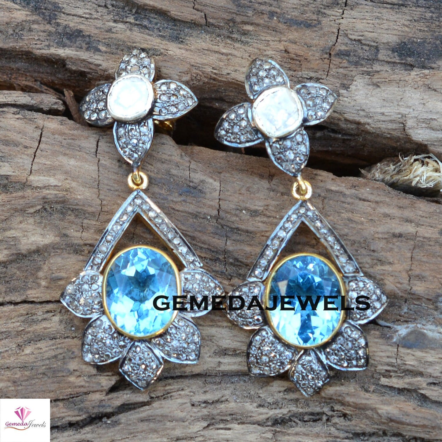 Blue Topaz Earrings, Polki Diamond Earrings, Pave Diamond Earring Jewelry, Flower Gemstone Jewelry, 925 Silver Earrings, Wedding Jewelry