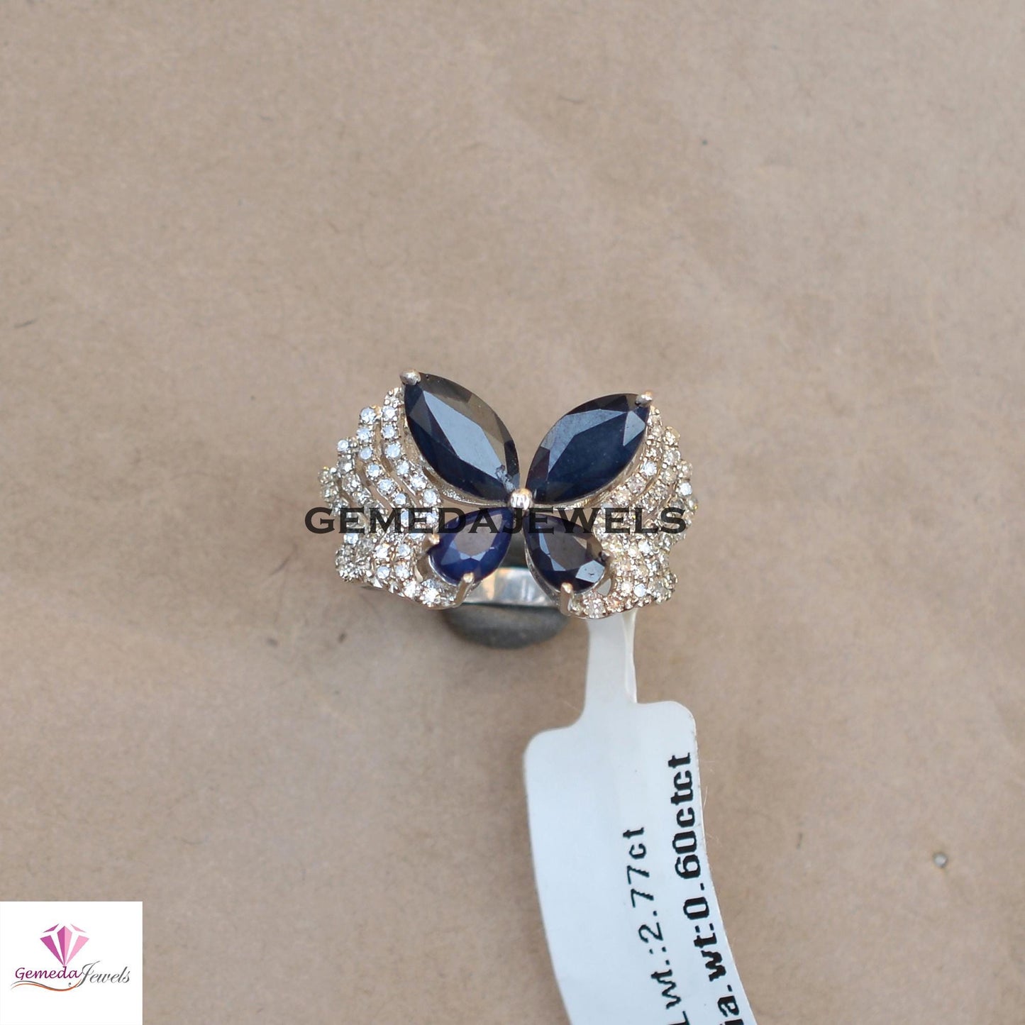 Sale Stunning Blue Sapphire Ring, Butterfly Design Ring Jewelry, Sterling Silver Ring, Pave Diamond Ring, White Rhodium Plated Jewelry, Gift