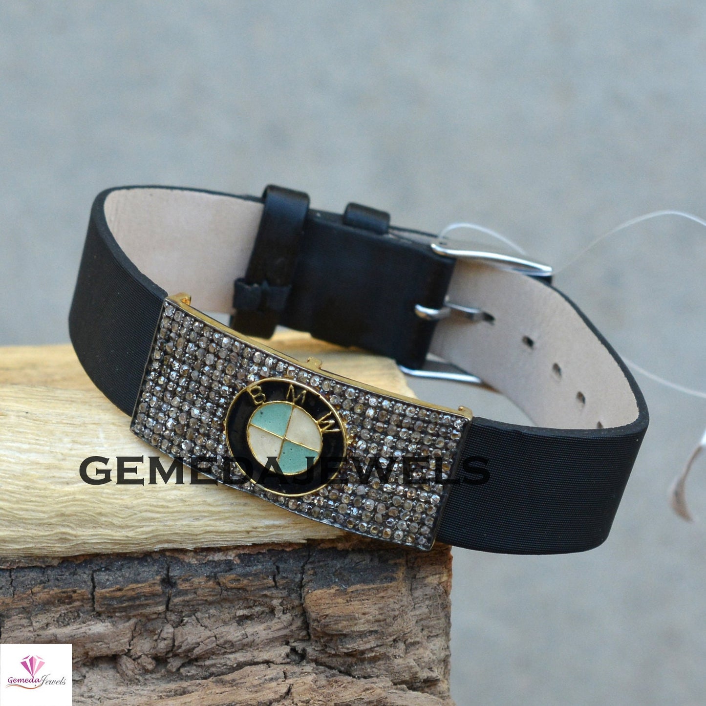 Diamond Jewelry, Pave Diamond Bracelet, Leather Bracelet, Diamond Silver Bracelet, Connector Logo Bracelet, 925 Silver Unisex Jewelry, Gifts