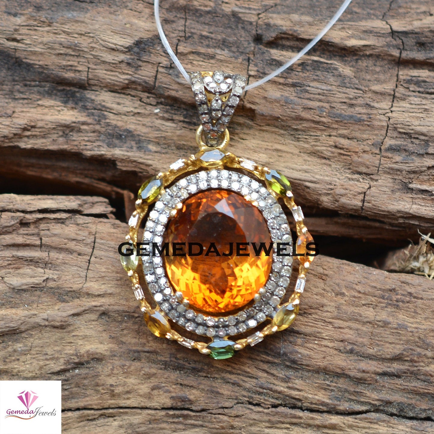 New Arrival Citrine Diamond Pendant, Pave Diamond Jewelry, Multi Gemstone Pendant, 925 Silver Jewelry, 14k Gold Plated Pendant, 16" Chain