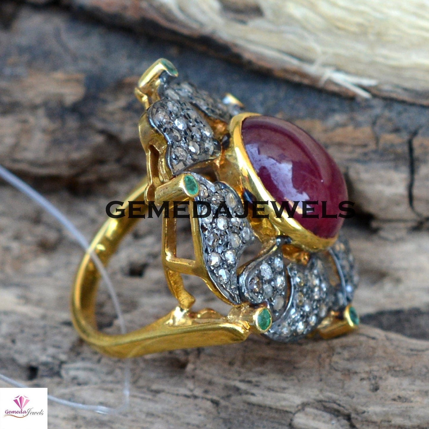 Genuine Ruby Ring, Sterling Silver Ring, 14k Gold Plated Jewelry, Emerald Gemstone Ring, Pave Diamond Jewelry, Designer Diamond Gift Jewelry