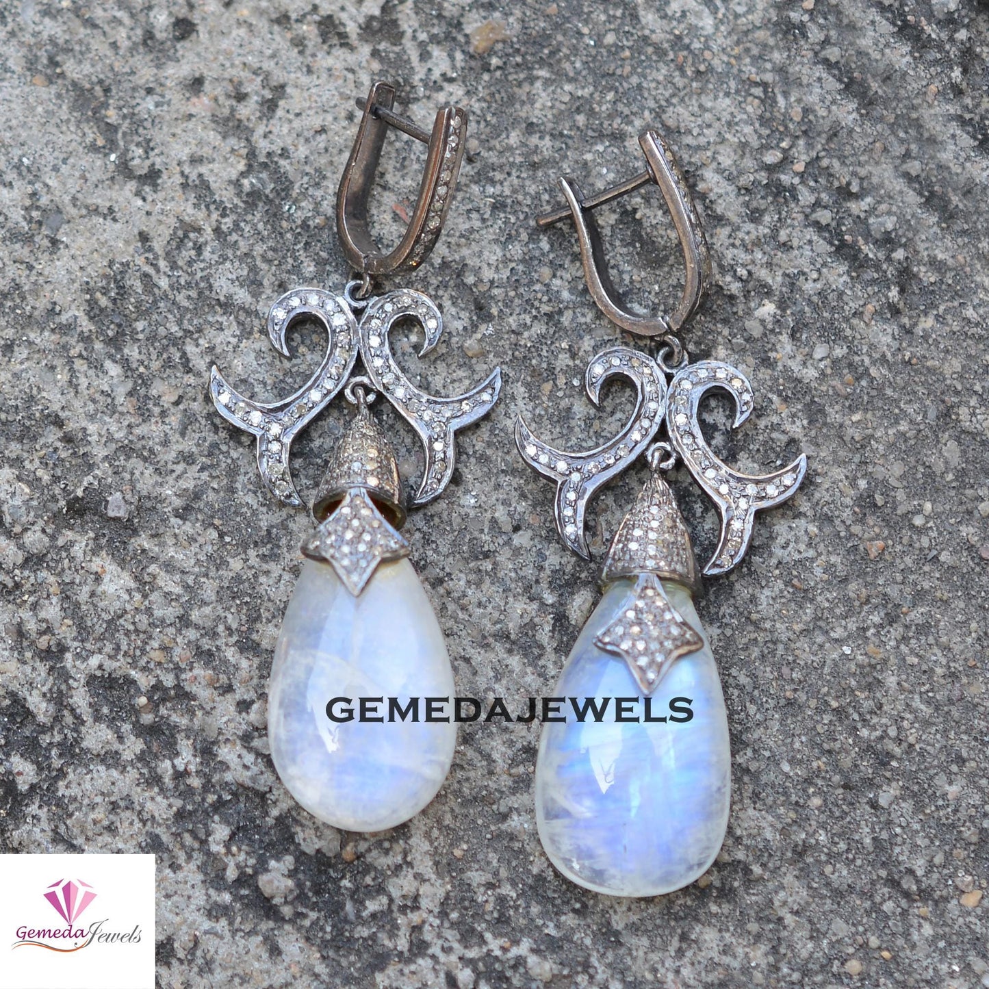 Sale!! Moonstone Gemstone Earrings, Pave Diamond Jewelry, Drop Dangle Designer Earring, Rhodium Plated 925 Silver Jewelry, Gift For Her