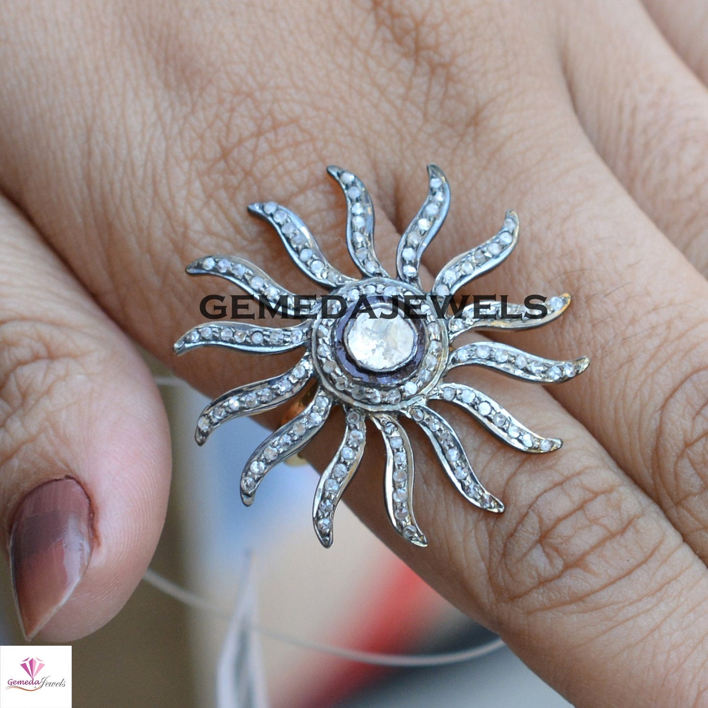 Rose Cut Polki Diamond Sun Ring, 925 Sterling Silver Ring, Diamond Silver Jewelry, 14k Gold Filled Ring, Sun Flower Pave Diamond Ring, Gifts