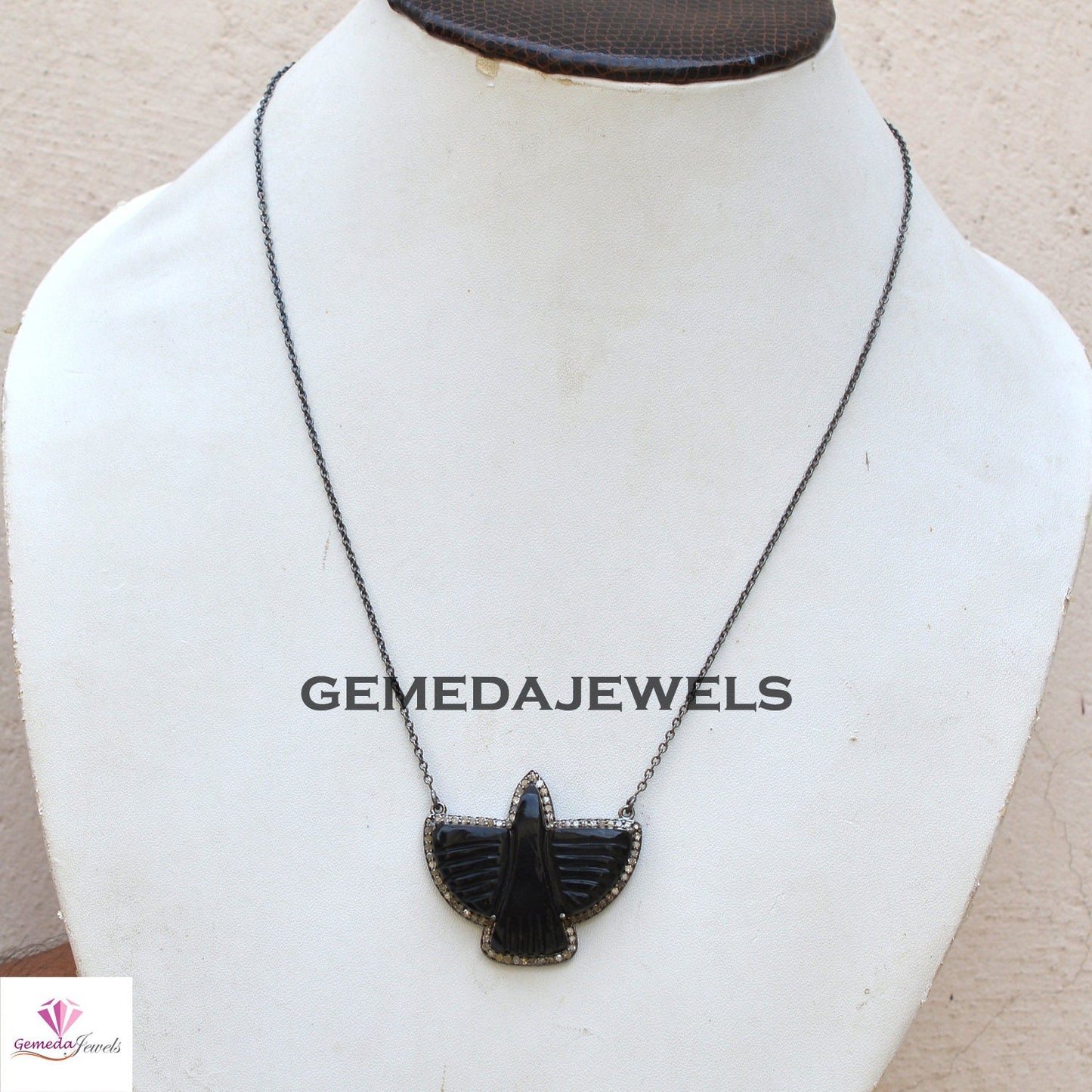 Sale! Black Onyx Hummingbird Gemstone Pendant, 925 Silver 18" Link Chain Pendant Necklace, Pave Diamond Jewelry, Bird Pendant Jewelry, Gift
