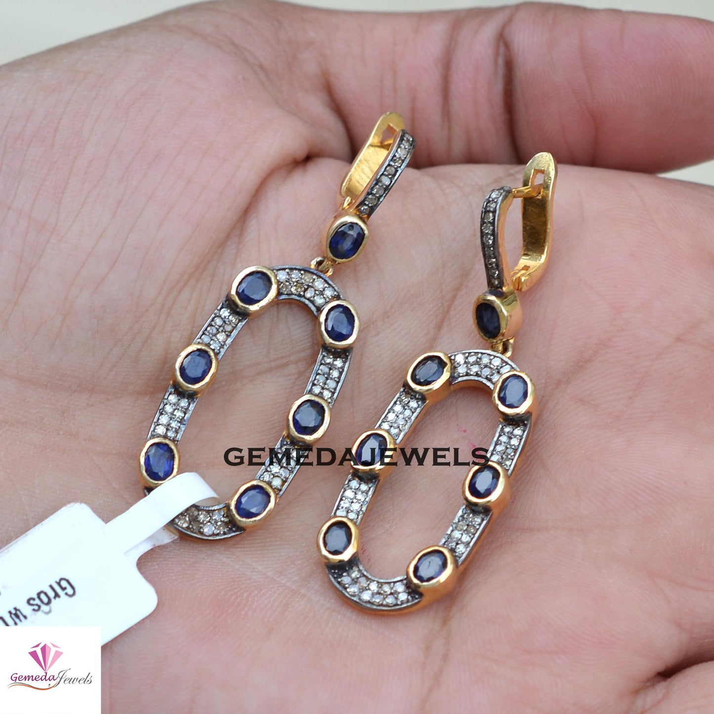 Sale! 925 Silver Gold Vermeil Jewelry, Blue Sapphire Earrings, Pave Diamond Earrings Jewelry, Gemstone Silver Jewelry, Women's Gift Jewelry