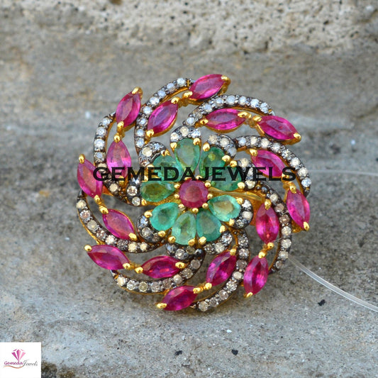 Emerald Gemstone Ring, Ruby Silver Ring, Gemstone Flower Ring, Pave Diamond Jewelry, 925 Silver Ring, Gold Vermeil Jewelry, Wedding Jewelry