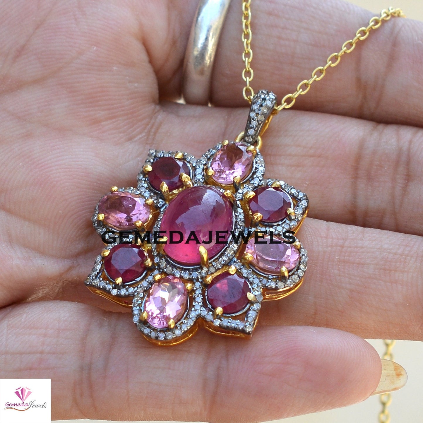 Sale! Ruby Floral Pendant, Pave Diamond Jewelry, 925 Silver Pendant, Gold Filled Jewelry, Sapphire Silver Pendant, 16" Chain Necklace, Gifts