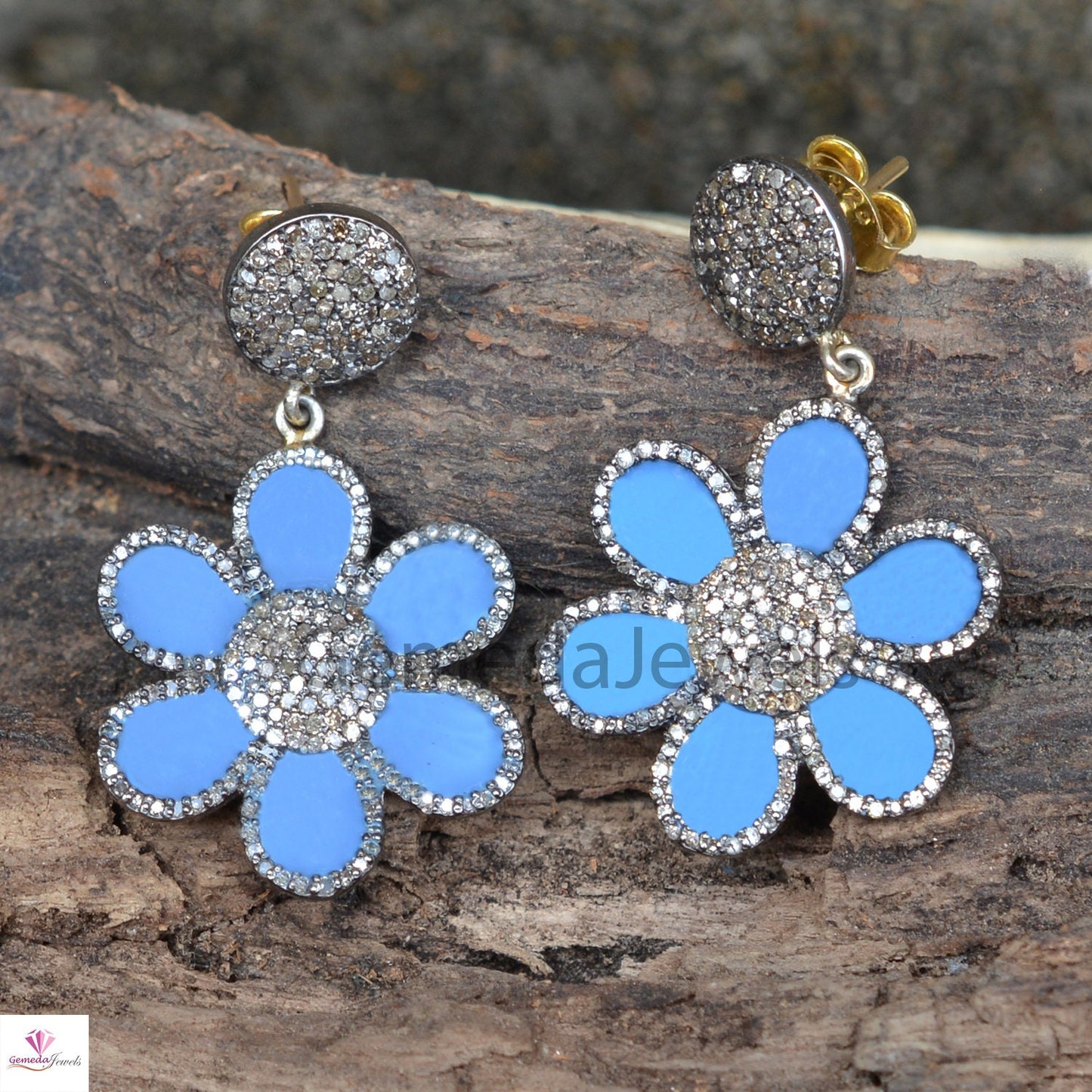 1.80cts Pave Diamond Earrings, 14k Gold Earring Jewelry, 925 Silver Earrings, Blue Enamel Earrings, Diamond Flower Earrings, Gift For Her