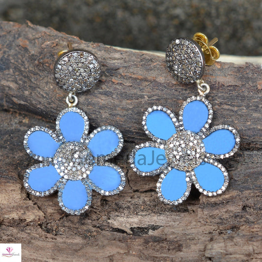 1.80cts Pave Diamond Earrings, 14k Gold Earring Jewelry, 925 Silver Earrings, Blue Enamel Earrings, Diamond Flower Earrings, Gift For Her