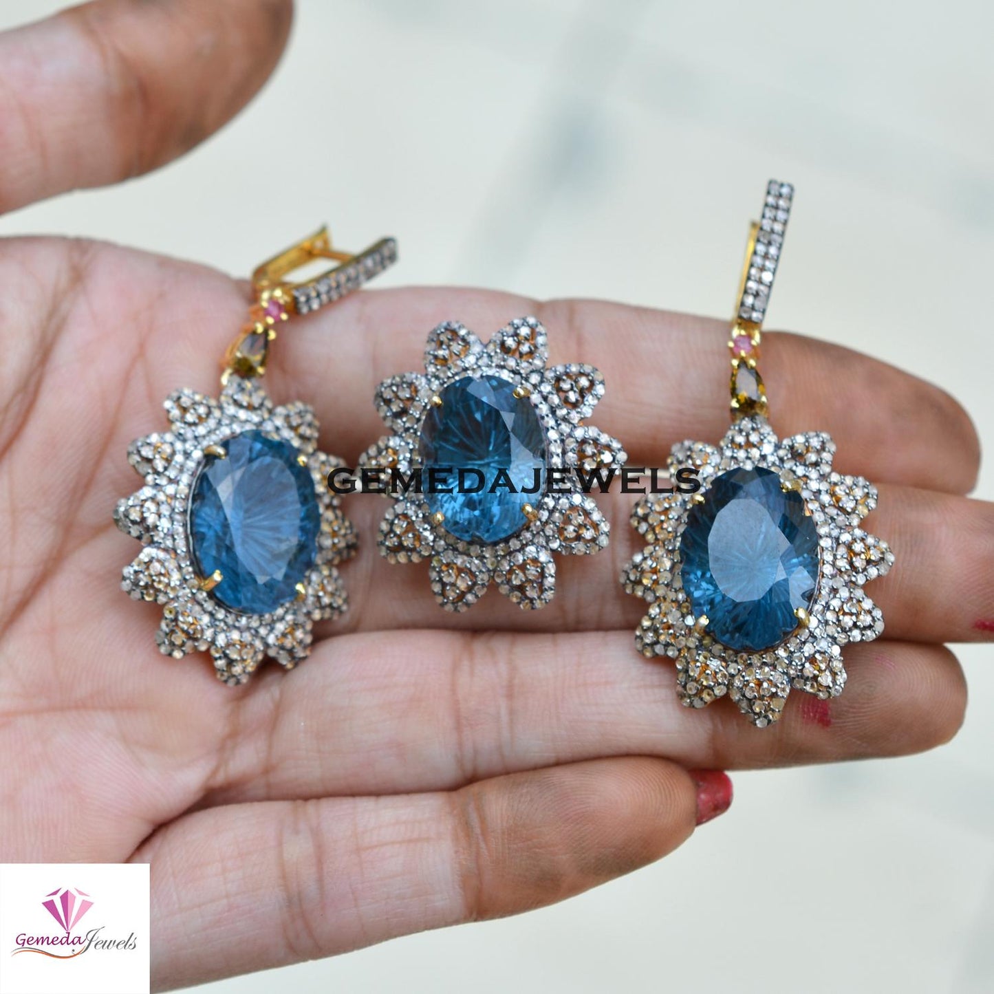 Blue Topaz Earrings, Pave Diamond Flower Earrings, 925 Silver Jewelry, Gemstone Diamond Ring Earrings JEWELLERY SET, Gold Vermeil Jewelry