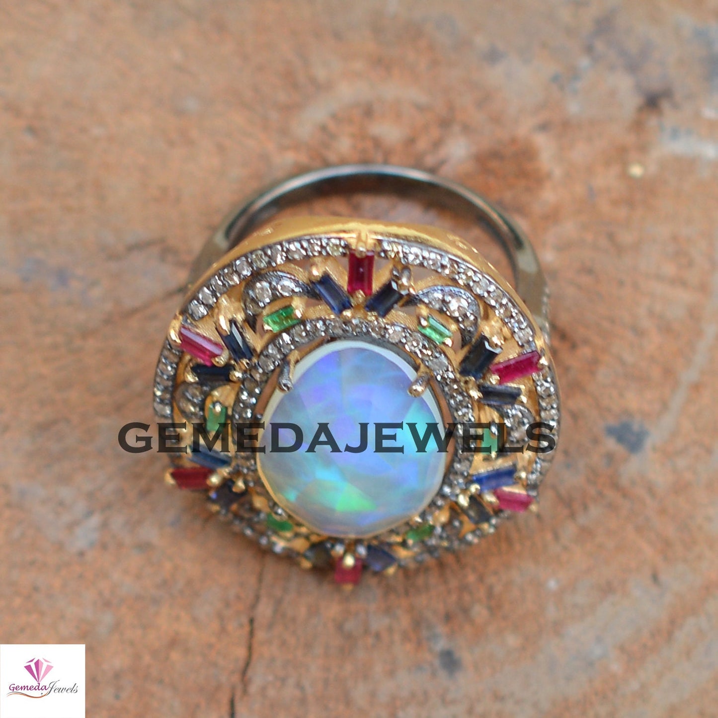 Genuine Opal Silver Ring, Pave Diamond Jewelry, Baguette Gemstone Ring, Multi Stone Jewelry, 14k Gold Vermeil Ring JEWELLERY, Gift For Her