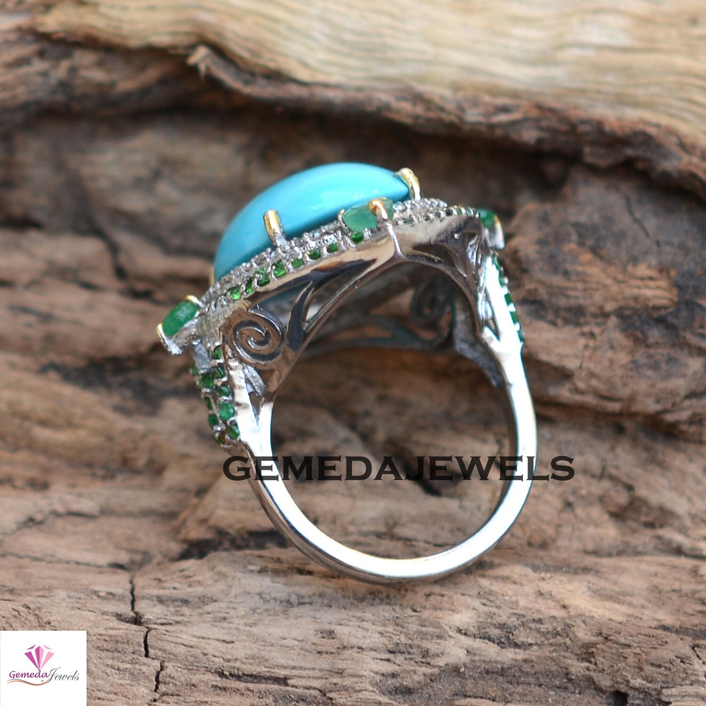 Stunning Blue Turquoise Ring, Pave Diamond Jewelry, Gemstone Diamond Ring, 925 Silver Ring Jewelry, Emerald Gemstone Ring, Wedding Jewelry