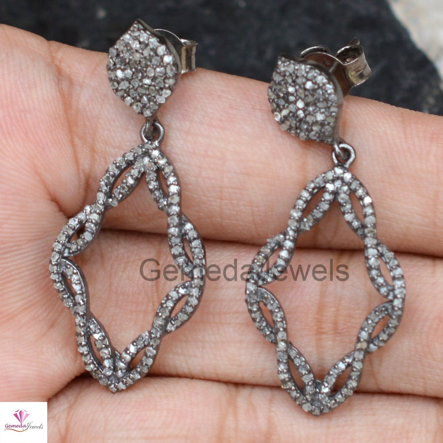 Sale!! Natural Pave Diamond Earring, 925 Sterling Silver Jewelry, Size 38X17 MM Drop Dangle Silver Earrings, Anniversary Gift Jewelry, Gifts