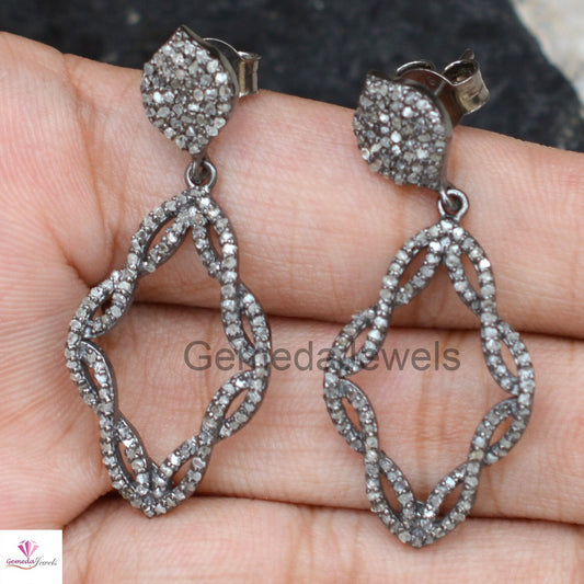 Sale!! Natural Pave Diamond Earring, 925 Sterling Silver Jewelry, Size 38X17 MM Drop Dangle Silver Earrings, Anniversary Gift Jewelry, Gifts