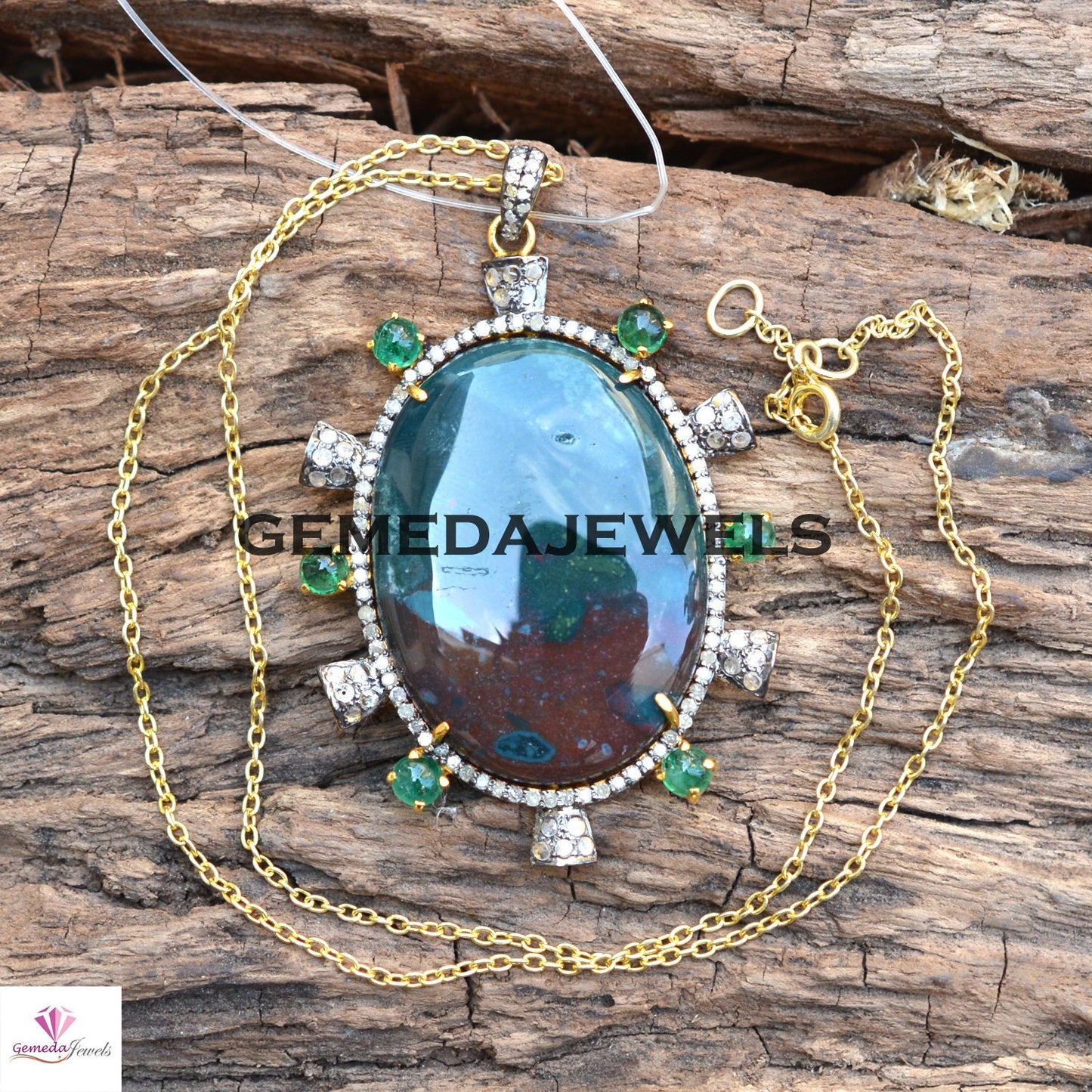 Beautiful Jasper Gemstone Pendant, Emerald Pendant, Pave Diamond Jewelry, 925 Silver Jewelry, 14k Gold Vermeil Pendant, 16" Chain Necklace